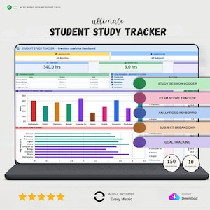 Student Study Tracker Excel | Examenplanner, voortgangs- en cijferplanner, productiviteitsspreadsheet