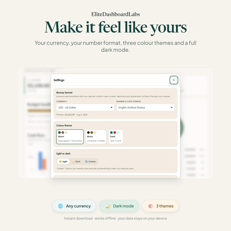 K&ouml;nnte beinhalten: Eine digitale Benutzeroberfl&auml;che mit dem Titel EliteDashboardLabs und dem Text Make it feel like yours. Sie enth&auml;lt ein Einstellungsmen&uuml; f&uuml;r W&auml;hrung, Zahlenformat und Farbthemen wie warm, mono und fresh sowie einen Hell- oder Dunkelmodus.