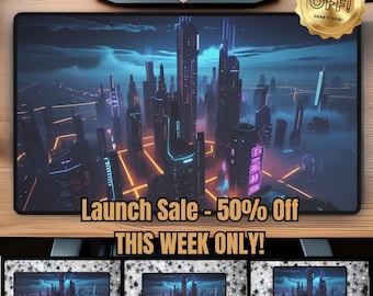 Desk Mat for Office or Gaming – Futuristic Neon Cyber City Mouse Pad – Large RGB Glow Desk Pad Gift for Gamers, Students, or Tech Lovers