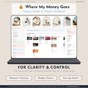 Könnte beinhalten: Ein digitaler Finanz-Dashboard auf einem Laptop-Bildschirm mit dem Titel "Where My Money Goes". Die Oberfläche zeigt Ausgabenverfolgung, Budgetstatus und Sparziele. Der Text "For Clarity & Control" ist ebenfalls sichtbar.