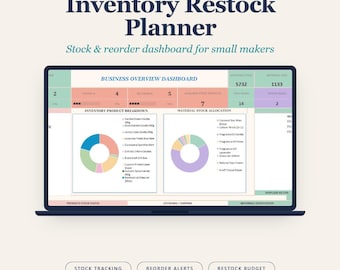 Könnte beinhalten: Ein Laptop-Bildschirm zeigt ein Bestandsplanungs-Dashboard mit dem Text 'Inventory Restock Planner' und 'Stock & reorder dashboard for small makers'. Die Benutzeroberfläche enthält eine Geschäftsübersicht, Produkt-Diagramme und Bestandsstatus-Tabellen.