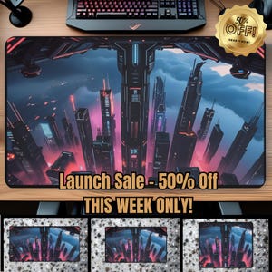 Cyberpunk Desk Mat, Futuristic Neon City Mouse Pad, Gaming Desk Pad Gift for Him or Her