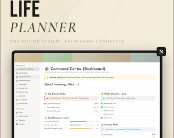 Könnte beinhalten: Eine digitale Planer-Oberfläche mit dem Text "ULTIMATE LIFE PLANNER" und dem Slogan "ONE NOTION SYSTEM - EVERYTHING CONNECTED." Der Bildschirm zeigt ein Dashboard mit Aufgabenlisten, Fortschrittsbalken und Finanzdaten. Oben steht "FULLY AUTOMATED, ALL CONNECTED, NO SETUP NEEDED."