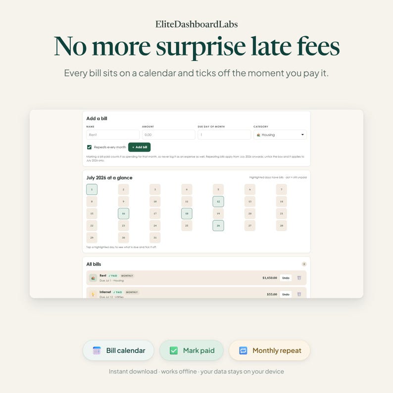 K&ouml;nnte beinhalten: Eine digitale Benutzeroberfl&auml;che f&uuml;r EliteDashboardLabs mit dem Text No more surprise late fees. Sie enth&auml;lt ein Add a bill-Formular, eine Kalenderansicht f&uuml;r Juli 2026 und eine All bills-Liste. Drei Schaltfl&auml;chen unten zeigen Bill calendar, Mark paid und Monthly repeat.