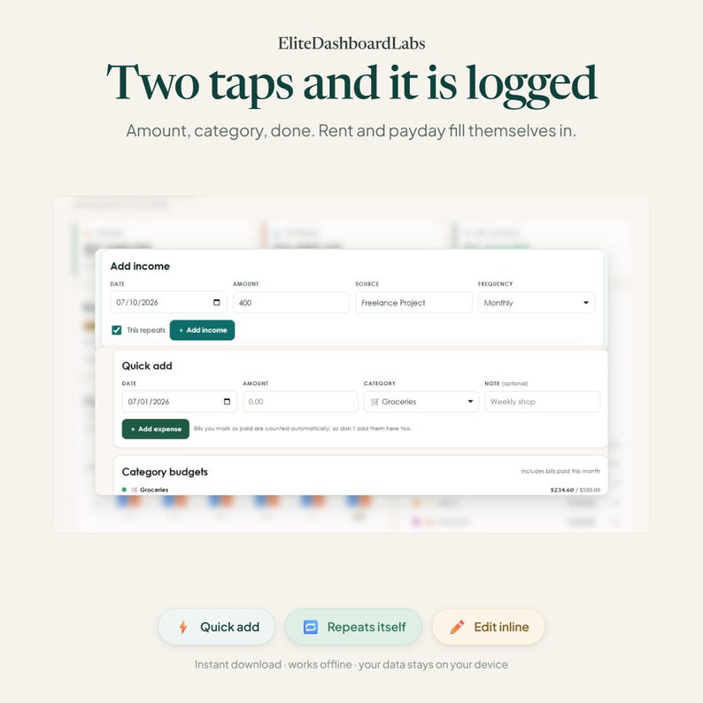 K&ouml;nnte beinhalten: Eine digitale Dashboard-Oberfl&auml;che mit dem Titel EliteDashboardLabs und dem Text Two taps and it is logged. Der Bildschirm zeigt Eingabefelder f&uuml;r Add income, Quick add und Category budgets sowie Schaltfl&auml;chen mit der Beschriftung Quick add, Repeats itself und Edit inline.