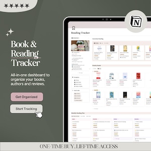 May include: A digital reading tracker interface displayed on a tablet. The screen shows a dashboard with book covers, navigation options, and reading lists. Text on the screen includes "Book & Reading Tracker" and "Get Organized."