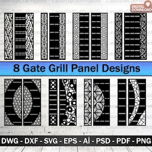 May include: A digital download graphic showcasing eight black gate grill panel designs. The designs include various patterns such as leaves, geometric shapes, and floral motifs. The text "8 Gate Grill Panel Designs" is displayed prominently.
