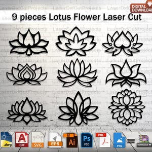 May include: Nine black and white outline designs of lotus flowers. The designs are in various styles and sizes. The designs are suitable for laser cutting.