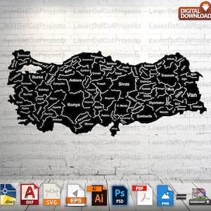 Puede incluir: Un mapa silueta negro de Turquía, con cada provincia etiquetada en texto blanco. La imagen incluye iconos de tipo de archivo para formatos de descarga digital como DWG, DXF, SVG, EPS, AI, PSD, PDF, PNG y ZIP. Las palabras "DESCARGA DIGITAL" están en la esquina superior derecha.
