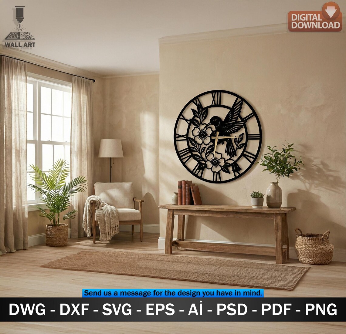 Hummingbird Flower Clock SVG DXF – Laser Cut Wall Clock CNC Vector File ...