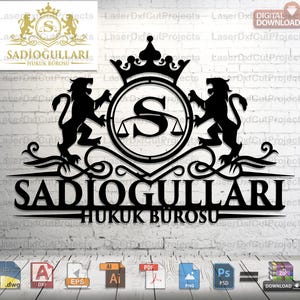 May include: Black and white logo design for a law firm called "Sadiogullari Hukuk Bürosu". The logo features a crown, two lions, a scale of justice, and a circle with the letter "S" inside.