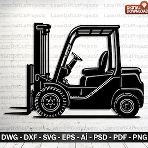 Könnte beinhalten: Schwarze Silhouette eines Gabelstaplers mit sichtbaren Details wie Gabeln, Rädern und Fahrersitz. Das Bild enthält den Text "DIGITALER DOWNLOAD" und Dateiformatoptionen: DWG, DXF, SVG, EPS, AI, PSD, PDF und PNG.