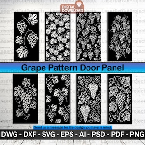 Può includere: Otto pannelli neri con motivi di uva bianca, foglie e viti. Il testo "Grape Pattern Door Panel" è in blu. Download digitale disponibile in vari formati di file.
