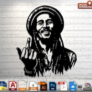 Peut inclure: Silhouette noire et blanche d'un homme avec de longs cheveux et un chapeau, faisant un doigt d'honneur. L'image est un téléchargement numérique pour des projets de découpe au laser.