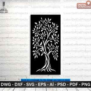 Puede incluir: Un panel de arte mural rectangular negro que presenta la silueta blanca de un árbol con ramas intrincadas, numerosas hojas y dos pequeños pájaros posados en el follaje. El diseño es un archivo digital para corte láser.