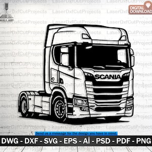 Könnte beinhalten: Schwarz-Weiß-Digital-Download eines Scania-Lastwagens. Das Bild ist eine Vektorgrafik, ideal für Laserschneiden. Enthält Dateiformate: DWG, DXF, SVG, EPS, AI, PSD, PDF und PNG. Der Text lautet: Senden Sie uns eine Nachricht für das Design, das Sie im Sinn haben.
