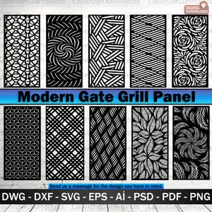Può includere: Una collezione di pannelli per griglie per cancelli moderni in bianco e nero. I pannelli presentano vari modelli geometrici e organici, tra cui vortici, linee e motivi floreali. Il testo "Modern Gate Grill Panel" è visualizzato.