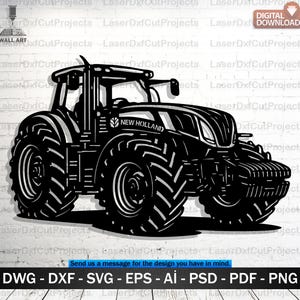 Op de afbeelding: Zwart-wit tractor uitgesneden ontwerp met de tekst "NEW HOLLAND". De afbeelding is een digitale download, geschikt voor wandkunst. De tractor heeft grote banden en gedetailleerde uitgesneden elementen, perfect voor een boerderij- of voertuigthema.