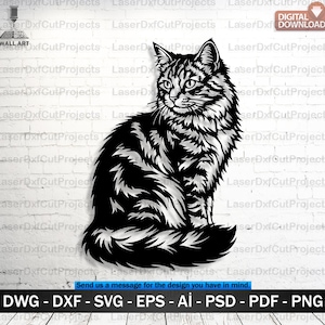 Puede incluir: Silueta de gato en blanco y negro para arte mural. El gato está representado sentado con patrones de pelaje detallados. La imagen incluye el texto "DESCARGA DIGITAL" y opciones de formato de archivo: DWG, DXF, SVG, EPS, AI, PSD, PDF y PNG.