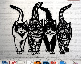 4匹の猫のレーザーカットウォールアート：CNCメタルウッドビニール（デジタルダウンロード）
