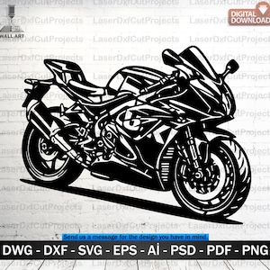 Peut inclure: Silhouette noire et blanche d'une moto. L'image présente un contour détaillé d'une moto sportive, mettant en valeur ses roues, son moteur et sa carrosserie. Le design est adapté à l'art mural et au téléchargement numérique.