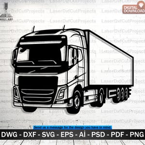 Könnte beinhalten: Schwarz-weiße Strichzeichnung eines Sattelzugs, ein digitaler Download für Wandkunst. Das Bild zeigt die Vorder- und Seitenansicht des Lastwagens, einschließlich Fahrerhaus und Anhänger. Text unten listet Dateiformate auf: DWG, DXF, SVG, EPS, AI, PSD, PDF und PNG.