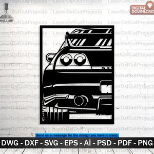 May include: Black and white wall art featuring a stylized illustration of a sports car's rear. The design includes the car's spoiler, taillights, and exhaust. The text "SK" is visible on the car. The image is a digital download, as indicated by the text.