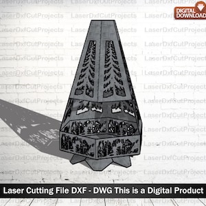 May include: A gray, laser-cut metal fire pit with a geometric design. The fire pit has a conical shape with decorative cutouts of trees and other patterns. The text "Laser Cutting File DXF - DWG This is a Digital Product" is at the bottom.