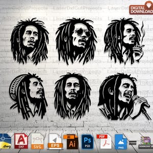 6 Bob Marley Silhouette SVG Designs – PNG, Dxf, Eps, Ai, Pdf, Psd, Sublimation Designs, Laser Engraving Files, T-Shirt Designs, Rasta Vector