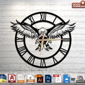 May include: Black metal clock with an eagle design. The clock face has Roman numerals and the eagle is holding the clock hands. The clock is suitable for laser cutting.