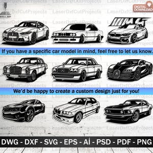 May include: Black and white line art illustrations of various car models, including a BMW, Mercedes-Benz, and a Bugatti. The image includes the text: "If you have a specific car model in mind, feel free to let us know."