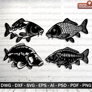 Op de afbeelding: Vier zwart-witte karpervisontwerpen. Elke vis is een silhouet met gedetailleerde schubben en vinnen. De afbeelding bevat de tekst "DWG - DXF - SVG - EPS - AI - PSD - PDF - PNG" en een "DIGITALE DOWNLOAD"-pictogram.