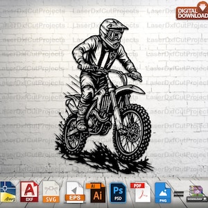 Peut inclure: Illustration numérique en noir et blanc d'un pilote de motocross sur une moto tout-terrain. Le pilote porte un casque et un équipement de protection. L'image comprend le texte "TÉLÉCHARGEMENT NUMÉRIQUE" et diverses icônes de format de fichier.