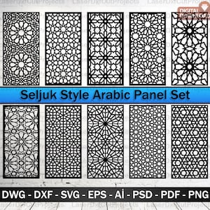 Puede incluir: Un conjunto de diez paneles negros cortados con láser con intrincados diseños geométricos. Los paneles rectangulares presentan varios diseños de estrellas y florales. El texto "Seljuk Style Arabic Panel Set" está en una pancarta azul. Formatos de archivo listados.