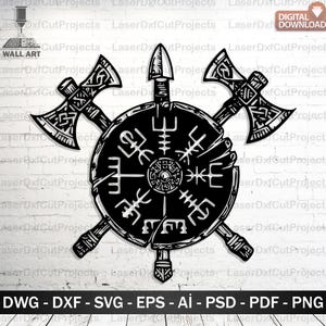 May include: Black wall art depicting a shield with a central design, two axes, and a spear. The shield is adorned with detailed patterns and symbols. The image also includes the text "DIGITAL DOWNLOAD" and file type options.