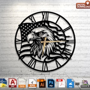 May include: Black metal wall clock featuring an American flag and an eagle design. The clock has Roman numerals and gold-colored hands. The words "DIGITAL DOWNLOAD" are in the upper right corner.