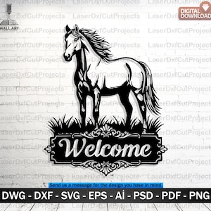 Pode incluir: Arte de parede cortada a laser em preto e branco com um cavalo em pé na grama acima de um sinal que diz "Welcome". O design inclui o texto "DOWNLOAD DIGITAL" e opções de formato de arquivo.