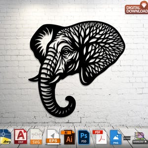 Elephant Tree SVG DXF: Laser Cut CNC Wildlife Wall Art (Digital Download