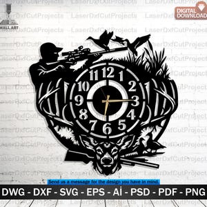 May include: Black metal wall art featuring a clock with a hunting theme. The design includes a hunter aiming a rifle, ducks in flight, a deer head, and a clock face with gold hands. The text "DIGITAL DOWNLOAD" is visible.