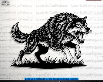 Silueta de lobo agresivo SVG DXF – Arte mural cortado con láser CNC