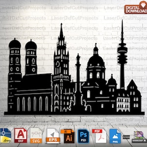 Munich City Skyline Wall Art Laser Cut DXF SVG Files München Silhouette Vector CNC Plasma Laser Cutting Wood Metal Decor Digital Download