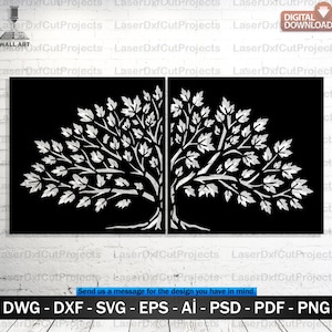 May include: Black metal wall art featuring a stylized tree design with intricate leaf details. The tree is rendered in white against a black background, creating a striking contrast. The image includes text indicating digital download options in various file formats.