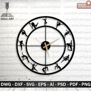 May include: Black wall art clock featuring silhouettes of people in yoga poses. The clock has a circular design with gold-colored hands and the text "DIGITAL DOWNLOAD". The bottom of the image includes the text "DWG - DXF - SVG - EPS - AI - PSD - PDF - PNG".