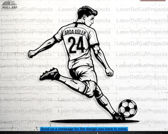May include: Black and white laser cut wall art of a soccer player kicking a soccer ball. The player is wearing a jersey with the name "ARDA GÜLER" and the number "24". The image includes digital download file formats.