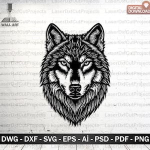 Puede incluir: Ilustración en blanco y negro de una cabeza de lobo, ideal para arte mural. La imagen muestra el rostro del lobo con detalles intrincados. El texto "DESCARGA DIGITAL" está en la esquina superior derecha. Debajo, el texto "DWG - DXF - SVG - EPS - AI - PSD - PDF - PNG".