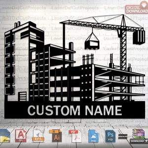 以下が含まれることがあります： クレーンが梁を持ち上げている建設中の建物の白黒シルエット。画像の下に「CUSTOM NAME」というテキストがあります。