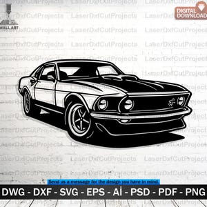 Może przedstawiać: Czarno-biała ilustracja klasycznego samochodu typu muscle car. Samochód to coupe o niskim profilu i szczegółowych cechach. Obraz jest do pobrania cyfrowo, idealny do dekoracji ścian.