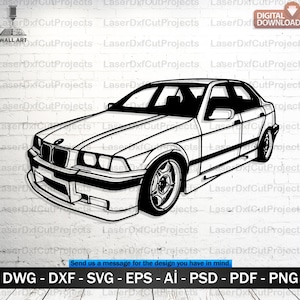 May include: Black and white line art of a sedan car, a digital download for wall art. The image shows the car's side profile, including wheels, windows, and body details. The image includes the text "DIGITAL DOWNLOAD" and file format options.