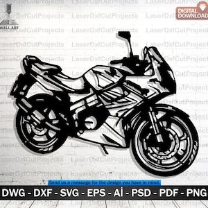 Peut inclure: Décoration murale de moto en noir et blanc. L'image montre une silhouette détaillée d'une moto sportive, adaptée à la découpe laser. Le bas de l'image comprend des options de format de fichier : DWG, DXF, SVG, EPS, AI, PSD, PDF et PNG.