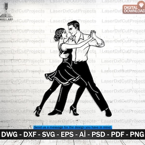 Peut inclure: Silhouette en noir et blanc d'un couple dansant. La femme porte une robe courte, et l'homme une chemise et un pantalon. Téléchargement numérique avec formats de fichiers listés en dessous.